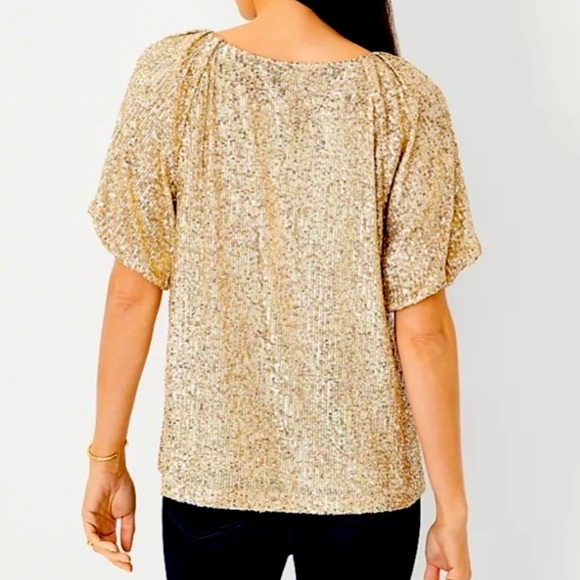 Ann Taylor gold sequin raglan sleeve top  short sleeves large NWT - Picture 2 of 8